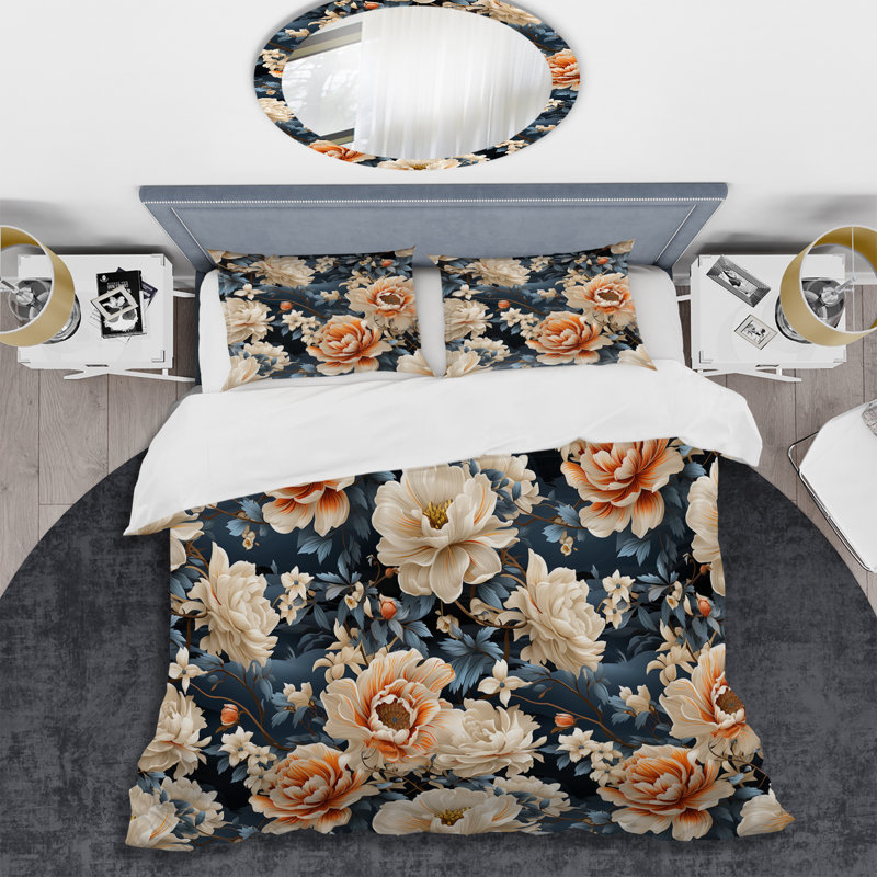Ensemble de housse de couette beige et bleu à motif floral IV, Housse de couette simple + 1 taie décorative stan