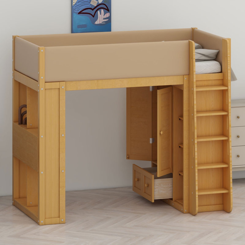 Loft Bed with Built-In Ladder, Lit simple, Bois