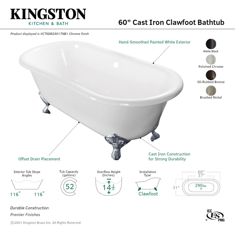 Kingston Brass Aqua Eden 60-Inch Cast Iron Oval Double Ended Clawfoot Tub (No Faucet Drillings), Matte Black