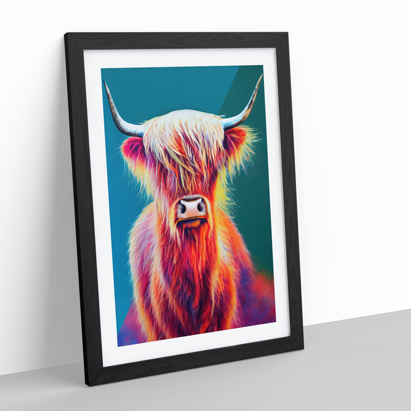 XV1022-1593X Colourful Highland Cow No.2 - Single Picture Frame Print, Black, 46cm H x 34cm W