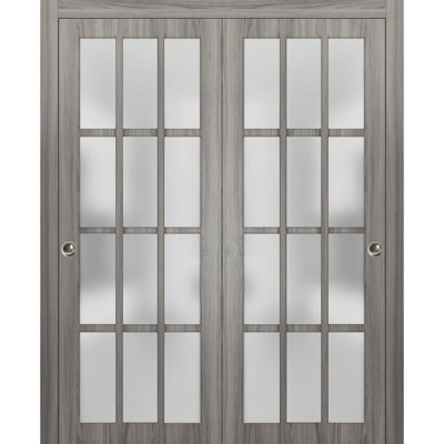 Portes coulissantes de placard à 12 carreaux Felicia 3312 Ginger Ash, rails robustes, moulures, garnitures, quincaillerie, bois massif, portes de placard de chambre à coucher - 64" x 84" (2 x 32 x 84)