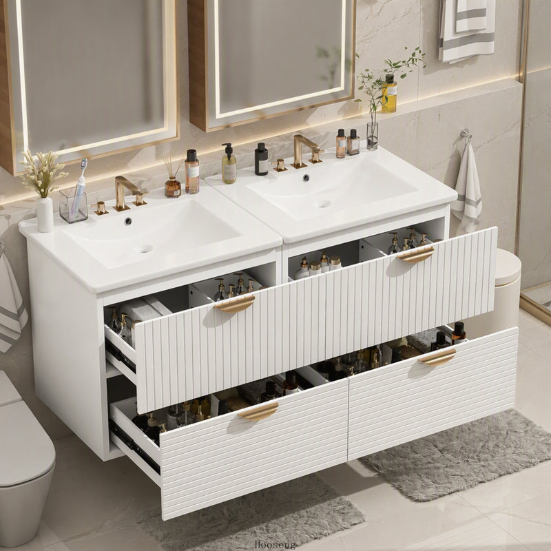 Meuble-lavabo mural moderne de 122 cm (48 pouces) avec lavabo double en céramique et 4 tiroirs, blanc, White