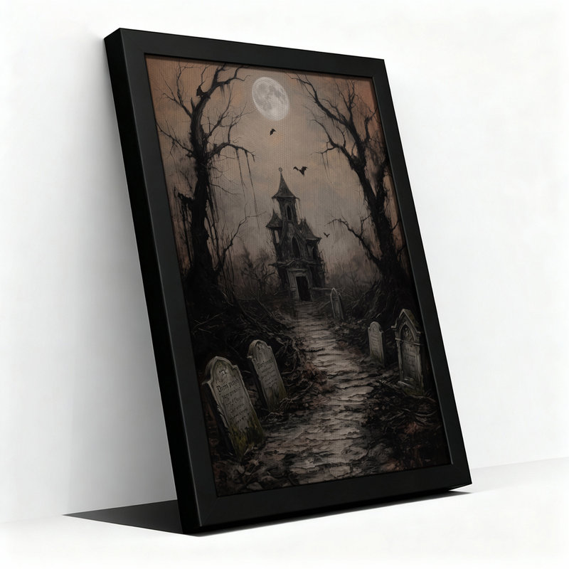 «Haunted House In Misty Graveyard Under Full Moon», art mural sur toile, H 30 po x l 20 po