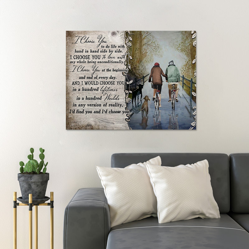 «Old Couple Cycling Together - I Choisissez You To Do Life With Hand In Hand Side By Side», reproduction d'art graphique sur toile tendue
