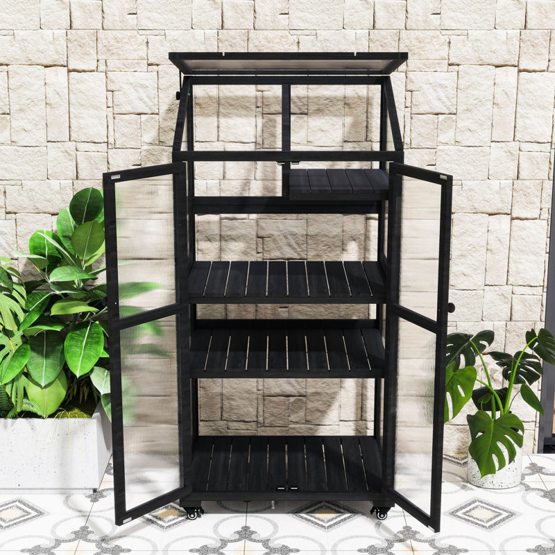 Portable Wooden Greenhouse Cold Frame with Adjustable Shelves, Wheels and Openable Roof, Black