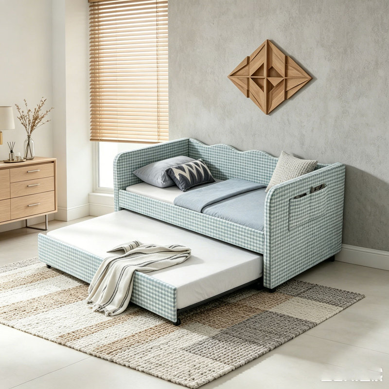 Upholstered 3‑in‑1 Versatile Convertible Daybed with Pull‑Out Trundle & Side Storage Pockets, Cyan, Full