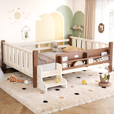 Lit double pleine grandeur avec bibliothèques de rangement, lit en bois massif pour enfants avec de jolis escaliers et garde-corps, aucun sommier nécessaire, beige