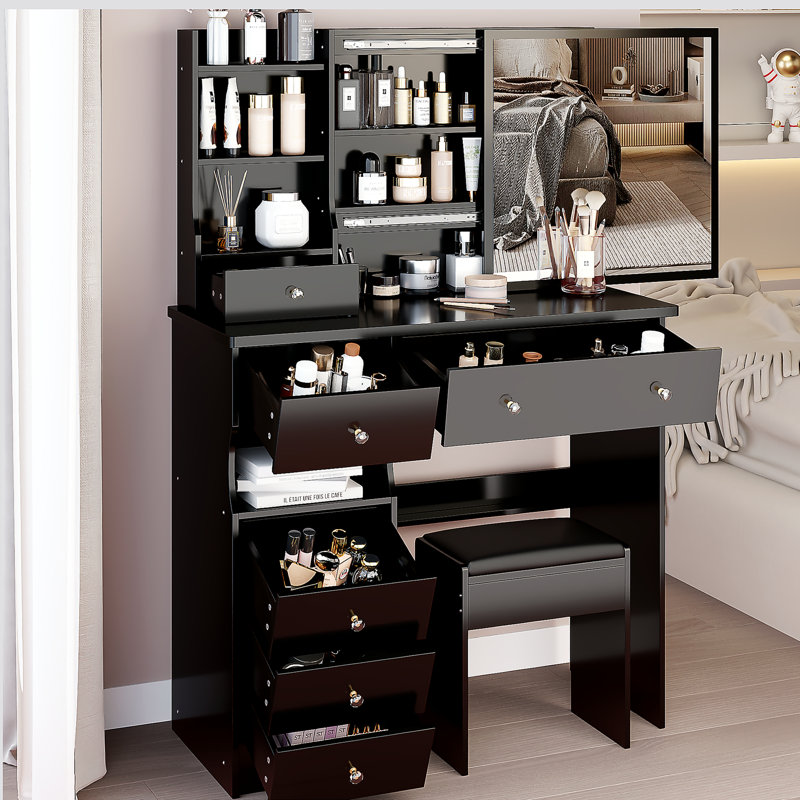Meuble-lavabo de 37 po avec tiroir de taille moyenne à gauche et tabouret rembourré, très grand miroir coulissant à droite, rangement multicouche à grande capacité, commode pratique et pratique, convient aux grands espaces