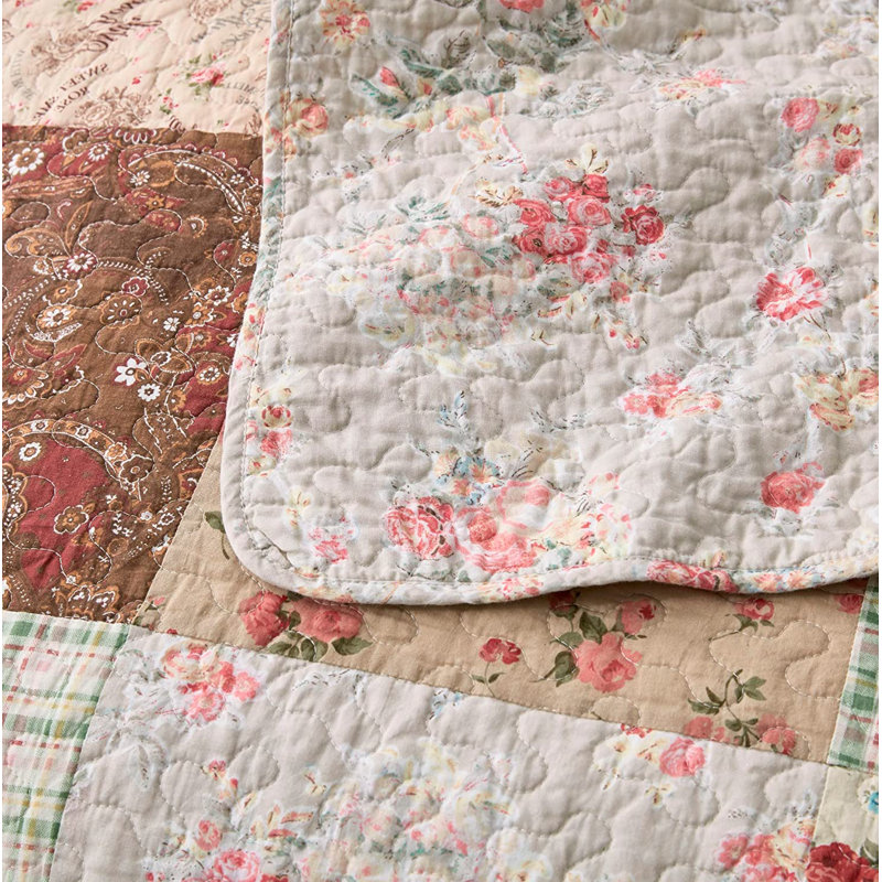Pre-Washed Floral Patchwork Cotton Quilt Set, Queen Quilt + 2 Standard Shams