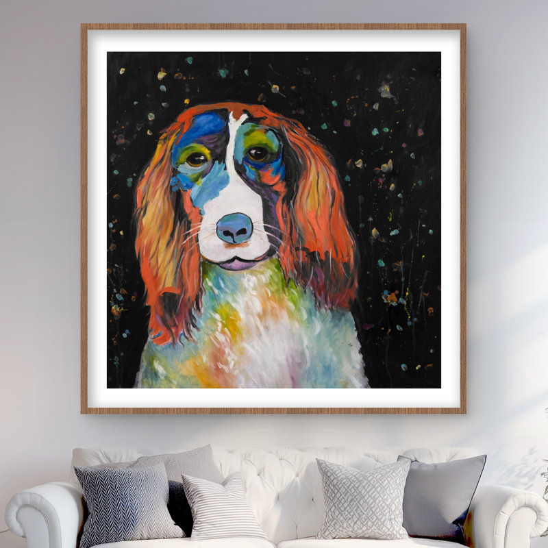 Chien coloré - imprimé mat bleu encadré pour la décoration intérieure