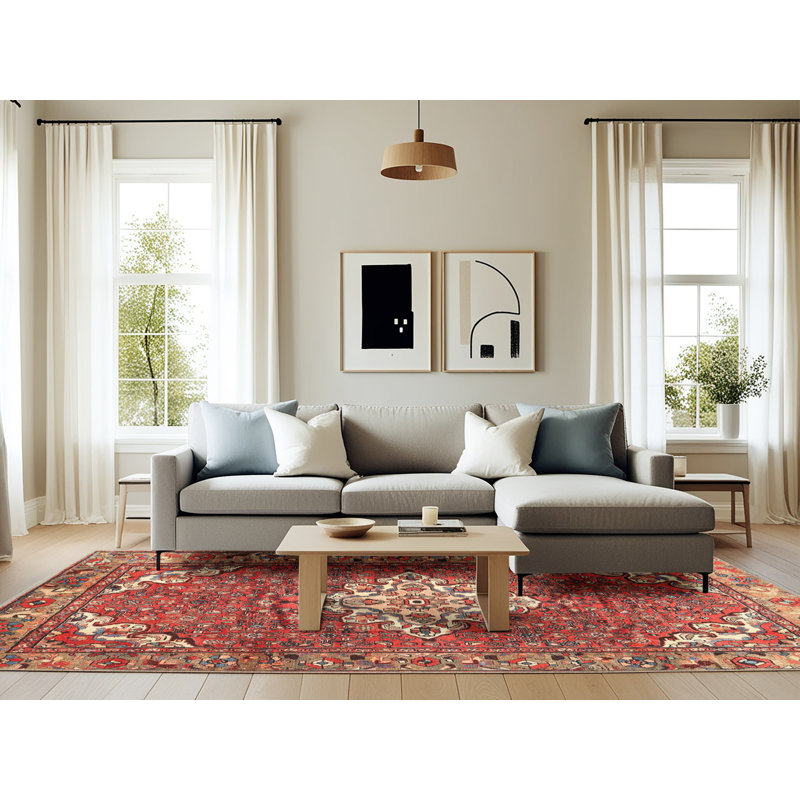 Tapis traditionnel rouge / beige Peddireddy, Rectangle 6 pi x 9 pi