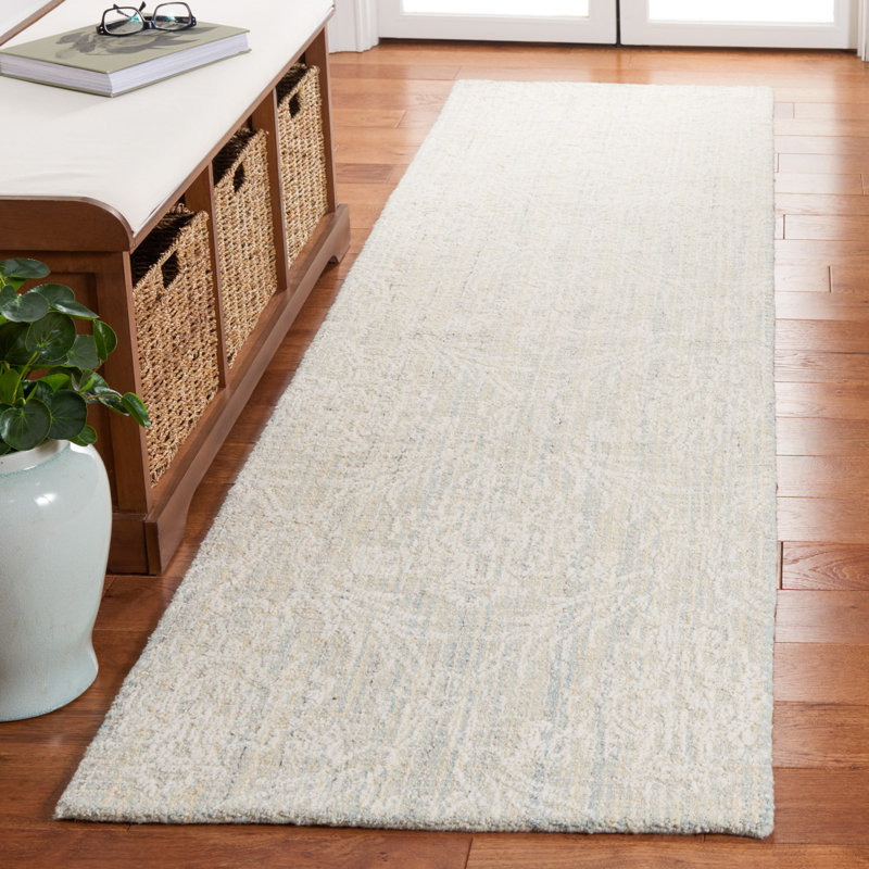 Chaleb Hand Tufted Wool Cotton Pet Damask Rug in Light Blue/Ivory, Runner 2'3" x 9'