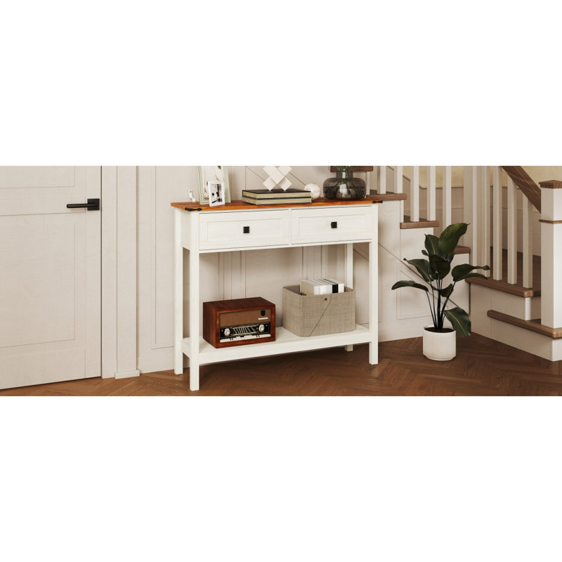 Console de style campagnard avec 2 tiroirs et tablette de rangement inférieure pour le vestibule, table d'appoint rustique avec tiroir de rangement et tablette pour le salon, couloir (blanc antique)