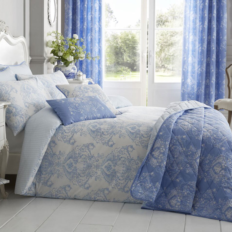 Hubert Cotton Blend Floral Duvet Cover Set with Pillowcases, Blue, Single Duvet Cover + 1 Standard Pillowcase