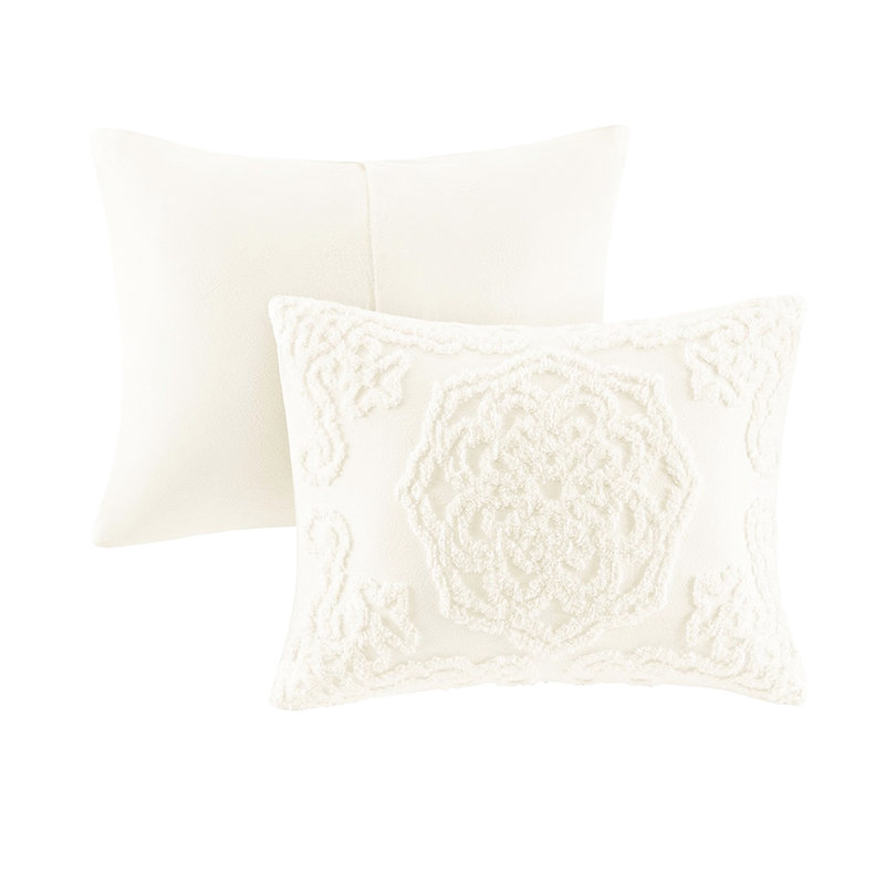 Couvre-lit à médaillon en coton chenille, Très grand / très grand édredon + 2 taies déco, Blanc cassé