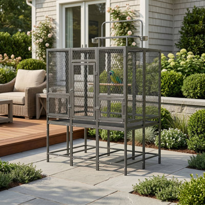 Cage à perroquet H 65 po avec plateau de jeu, cage à oiseaux en métal robuste avec support, tasses et perchoirs pour plusieurs oiseaux