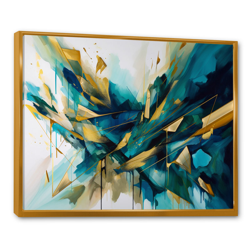 «Golden Explosion Triangles VII», art mural moderne sur toile géométrique, H 30 po x l 40 po x P 1,5 po, Cadre flottant doré