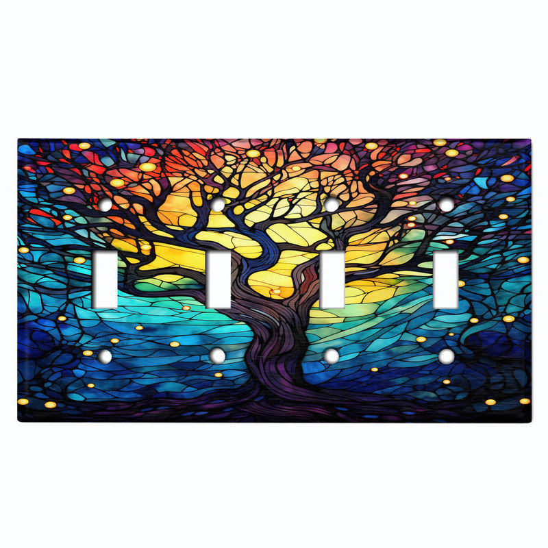 Couvercle de plaque d'interrupteur en métal; Bascule à 4 bandes standard des États-Unis - image imprimée d'un arbre en verre coloré