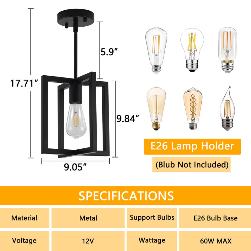 Black Metal Cage Semi Flush Mount Farmhouse Ceiling Light