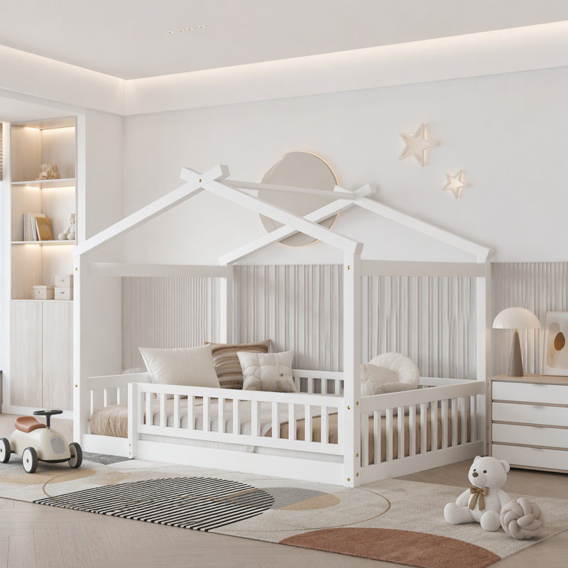 Lit simple en bois avec barrière de sécurité, Double, Blanc