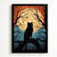 Chat noir d'Halloween aux yeux brillants dans une forêt orange, tableau sur toile encadré, cadre noir, 61 x 91 cm-1830230011-1830230015