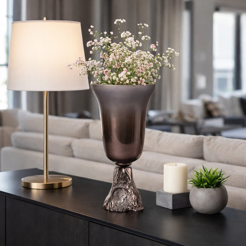 Decorative Glass Vase with Pedestal Base for Home Decor - Tall Flower Vase Accent for Console Table or Living Room Styling - Bronze & Copper