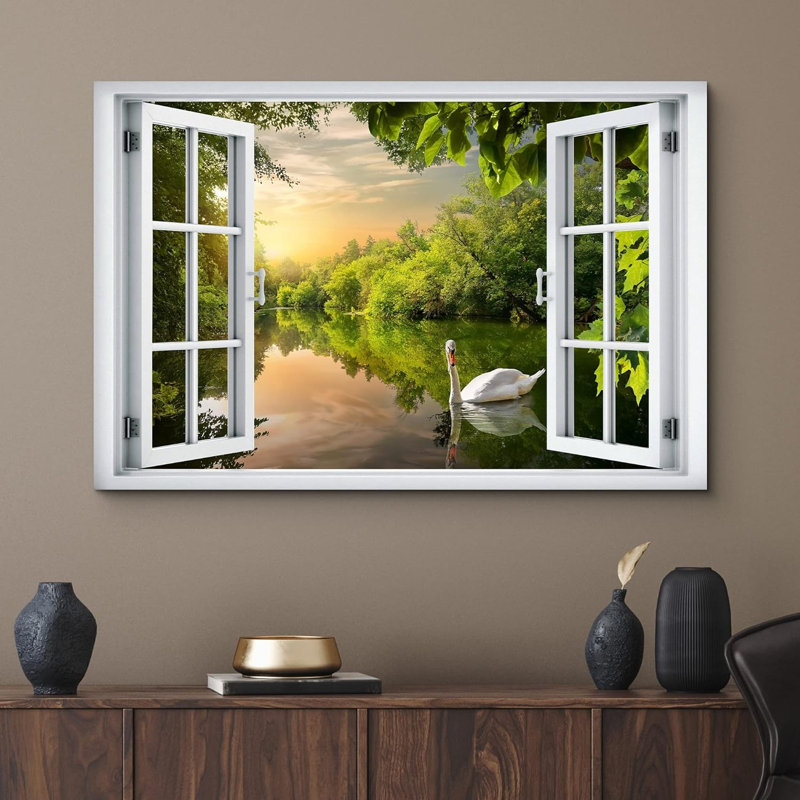 Fenêtre de paysage «Window View Swan Forest Lake Sunset Sky Zen Paradise Nature Scenic Landscape» sur toile
