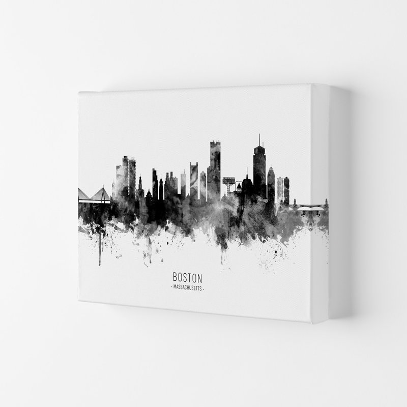 Boston Massachusetts Skyline Black White City Name by Michael Tompsett - Print, 29.7cm H x 42cm W x 4cm D, Wrapped Canvas