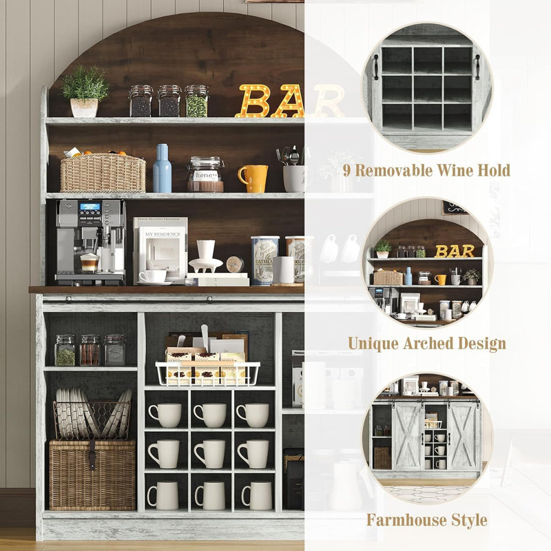 Abrianna Coffee Bar with 3-Tier Storage, 67" Coffee Bar Cabinet, Gray