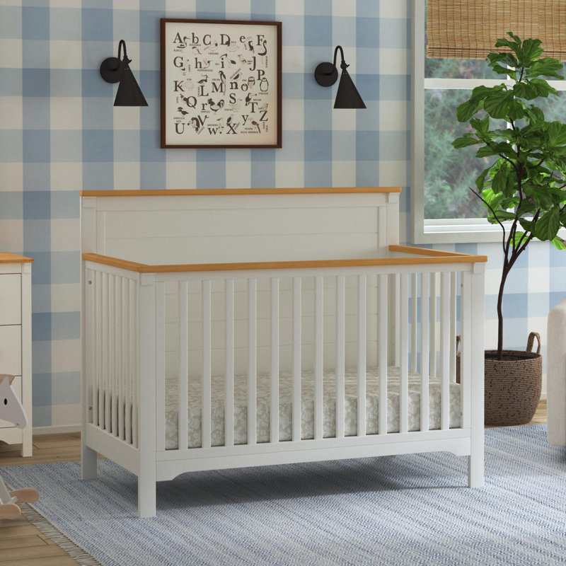 Warm White and Honey 4-in-1 Convertible Crib with Wood Paneling