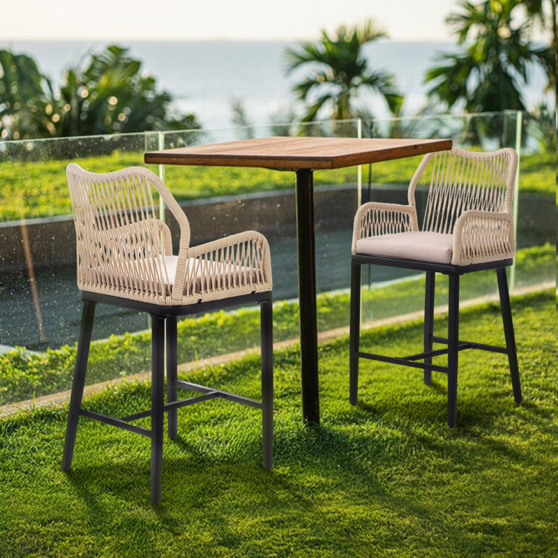 Rope-Woven Iron-Framed Bar Stools With Cushion (2-Pack), Black/Brown