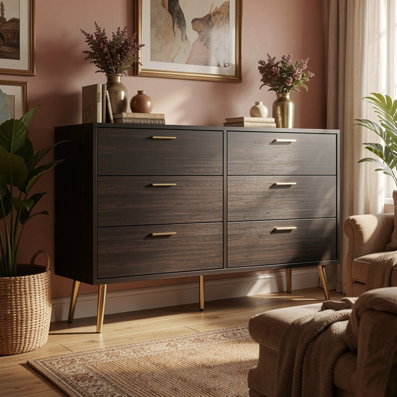 Commode d'appoint 6 tiroirs avec pieds en métal Ololade, Marron foncé
