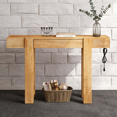 Console rustique minimaliste avec tiroir caché, prise de courant latérale, table d'entrée en bois pour les entrées, les salons et les bureaux à domicile (naturel)