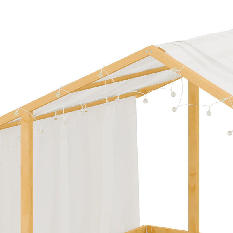 Lit plateforme avec cadre en forme de maison, baldaquin et guirlandes lumineuses pour des chambres imaginatives, Lit double