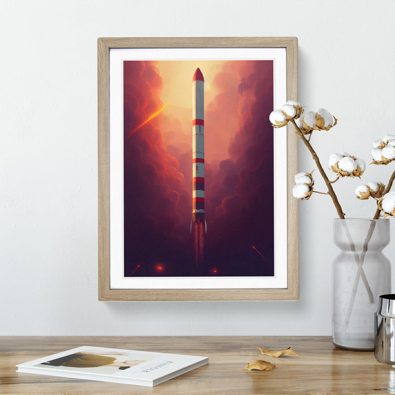 Compelling Spaceship Rocket - Single Picture Frame Print, 34cm H x 25cm W x 2cm D, Oak Framed