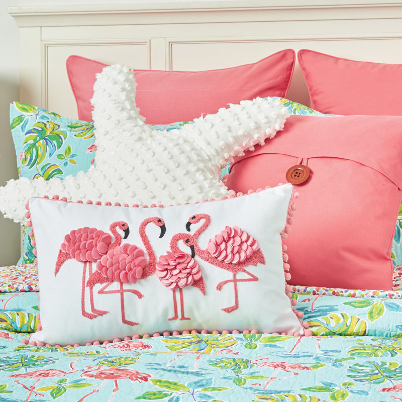 Blue Cotton Twin Reversible Quilt Set with Flamingo Design