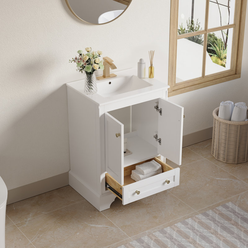 Meuble-lavabo moderne en bois massif l 24 po x H 34,1 po, lavabo en céramique Cupc et poignées en aluminium doré, charnières à fermeture en douceur DTC