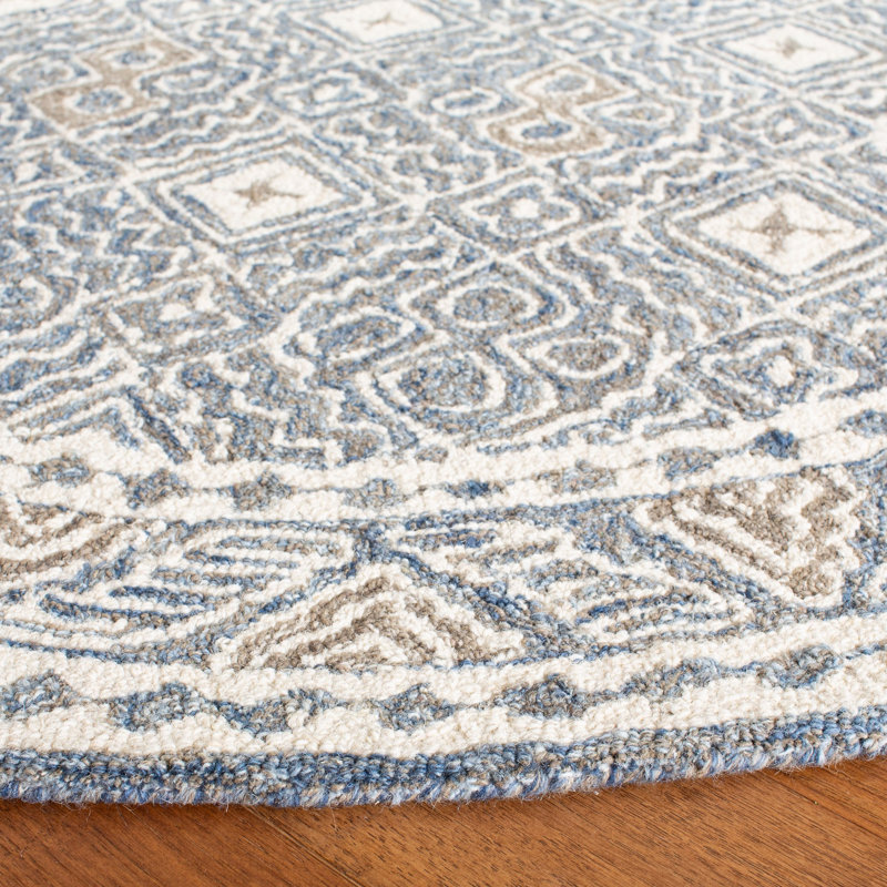 Devoe Hand Tufted Wool/Cotton Southwestern Rug in Ivory/Blue, Round 7'