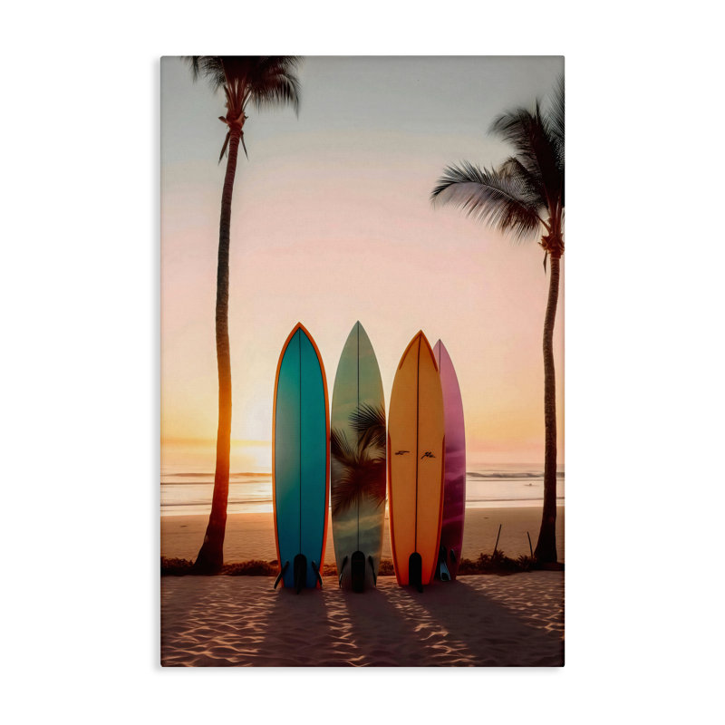 Quatre planches de surf au coucher du soleil, design par LSR Design Studio, H 24 po x l 16 po