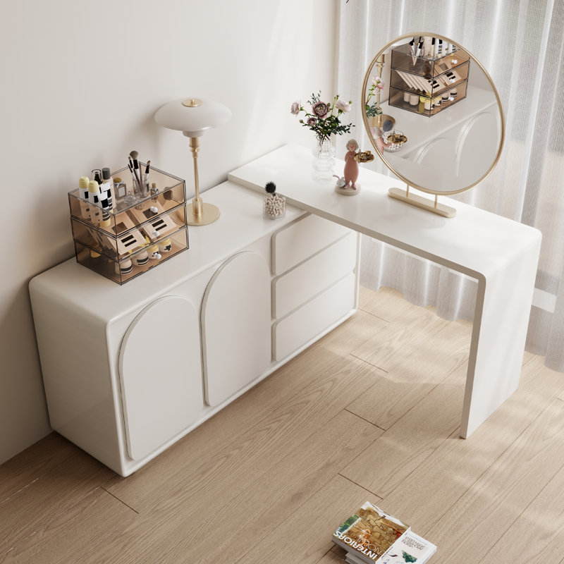 Fully Assembled Modern L-Shaped Desk Set with Drawers and Storage, Cream