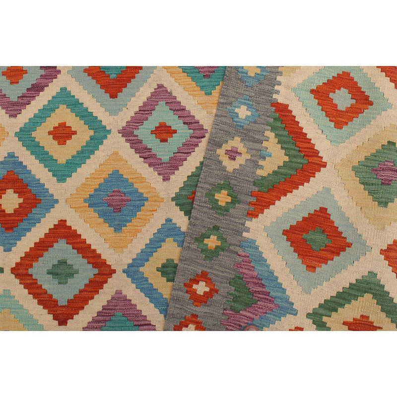 Tapis beige / gris en laine tissé à la main à motif tribal / géométrique / sud-ouest de couleur cépage Cedorah