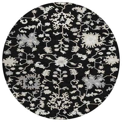8' Black Ivory And Gray Round Floral Washable Indoor Outdoor Area Rug