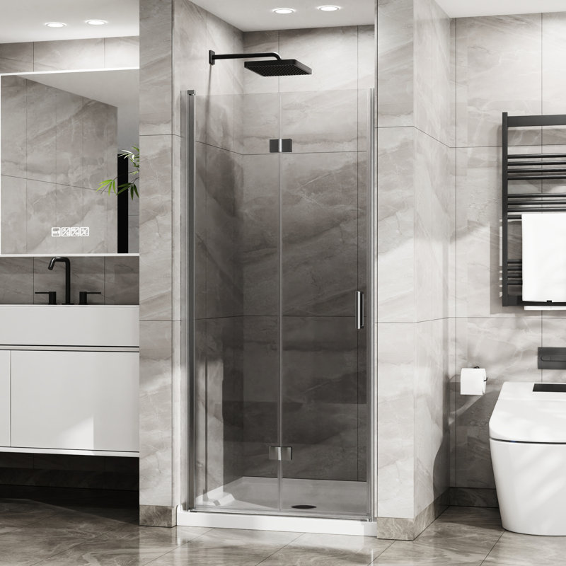 Porte de douche en verre trempé de 34 po x 72 po. Panneau pivotant pivotant. Pliable, espace. Rouille et corrosion Bandes de protection contre les fuites d'eau. Pivot 180 °, ouverture 90 °. Tracas - Installation élégante de 72 po. 1/4 po.