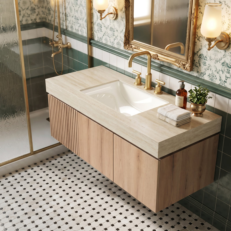 Wall Mounted Single Vanity Bathroom Vanity With Solid Surface Top, White Oak