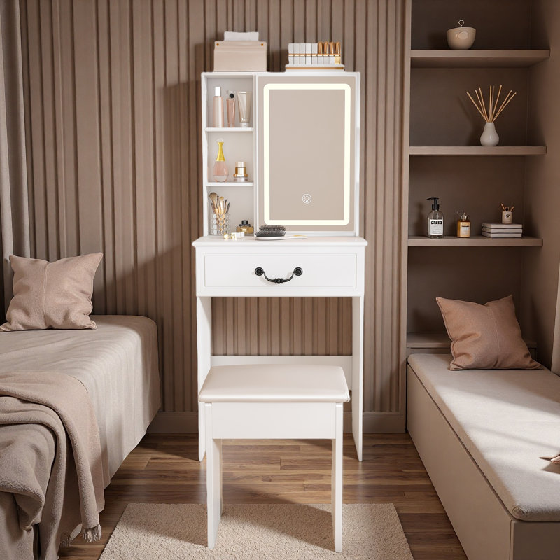 White Modern Mini Vanity Desk With Led Mirror, Hidden Storage, Multi-tier Shelves & Padded Stool