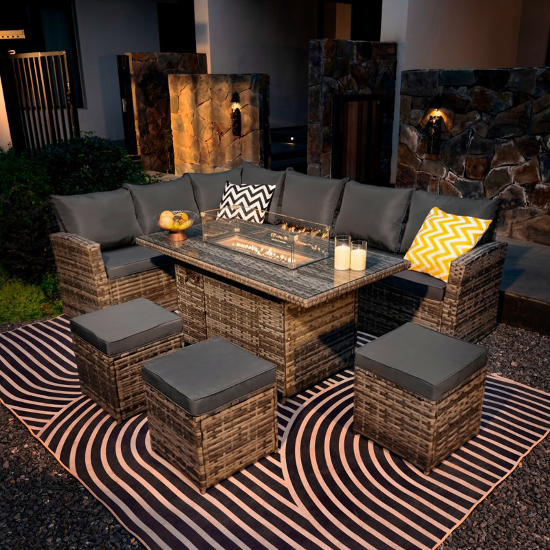 Rosen 9 Seater Left Facing Corner Sofa Fir Pit Table Sets , With Rain Cover