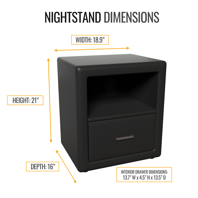 Manhattan Upholstered Faux Leather Nightstand-Pre Assembled Low Profile End Table, Black