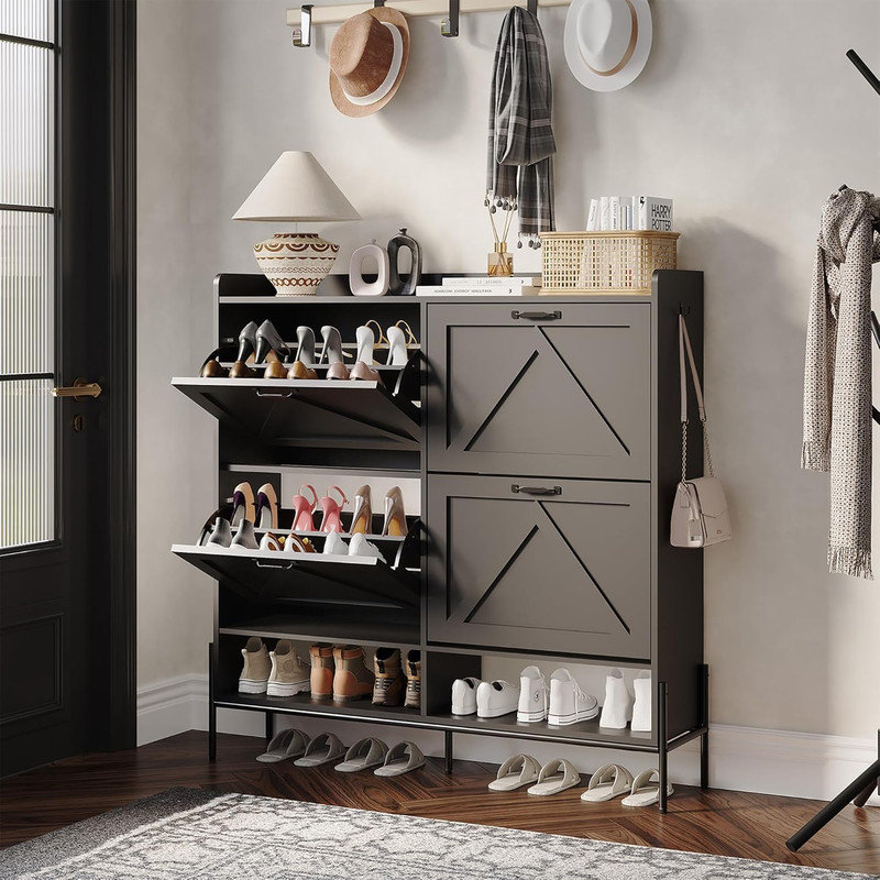 Range-chaussures autoportant avec 4 tiroirs rabattables et crochets, range-chaussures mince en bois avec tablette ouverte pour le vestibule ou le couloir