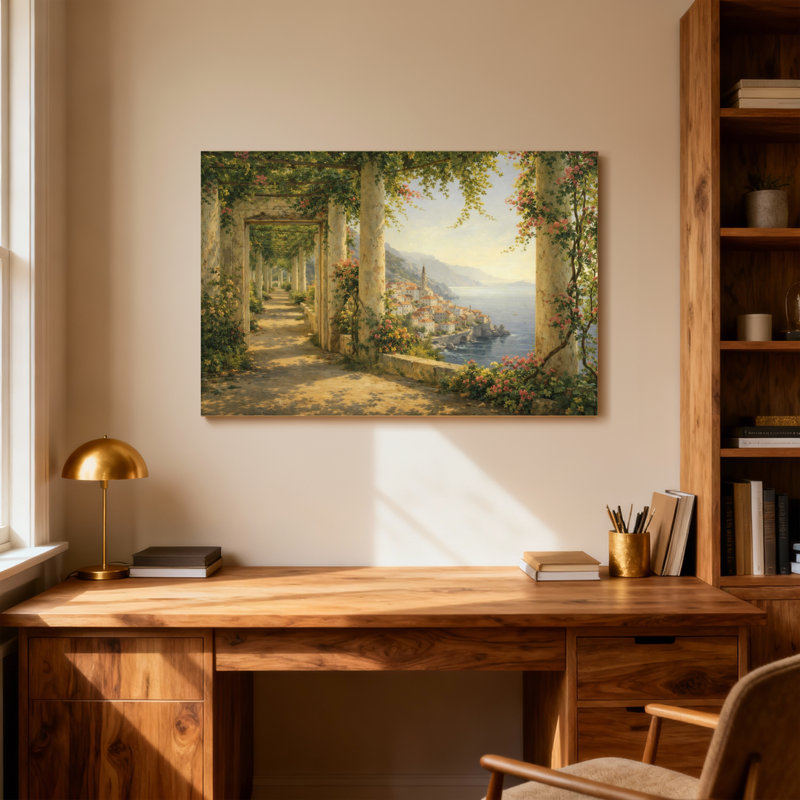 Chemin de jardin avec colonnes et vue sur la mer, H 12 po x l 18 po