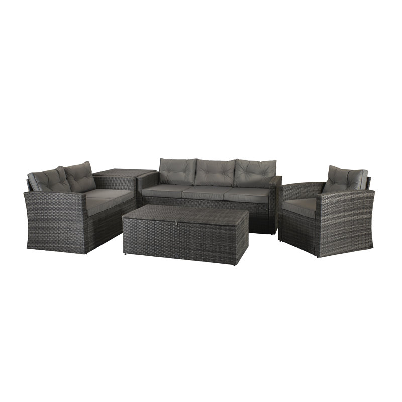 Helfrich 6 Seater Rattan Effect Sofa Set, Dark Brown/Grey